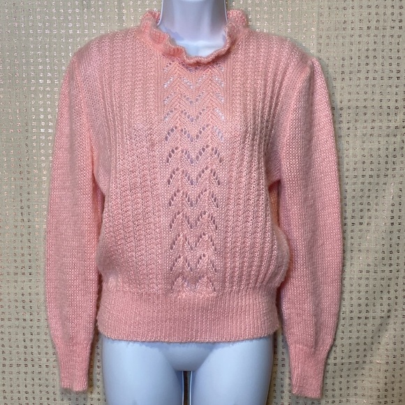 VINTAGE David Brett Pink Knit Sweater with Ruffle Neckline - Picture 1 of 6